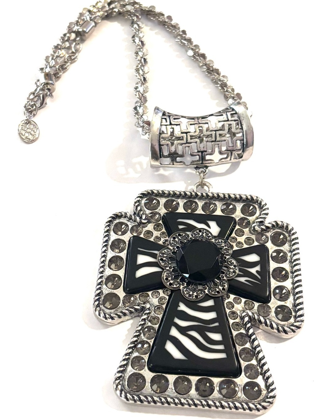 Vintage unisex Silver-Tone Black and White Cross Pendant Necklace